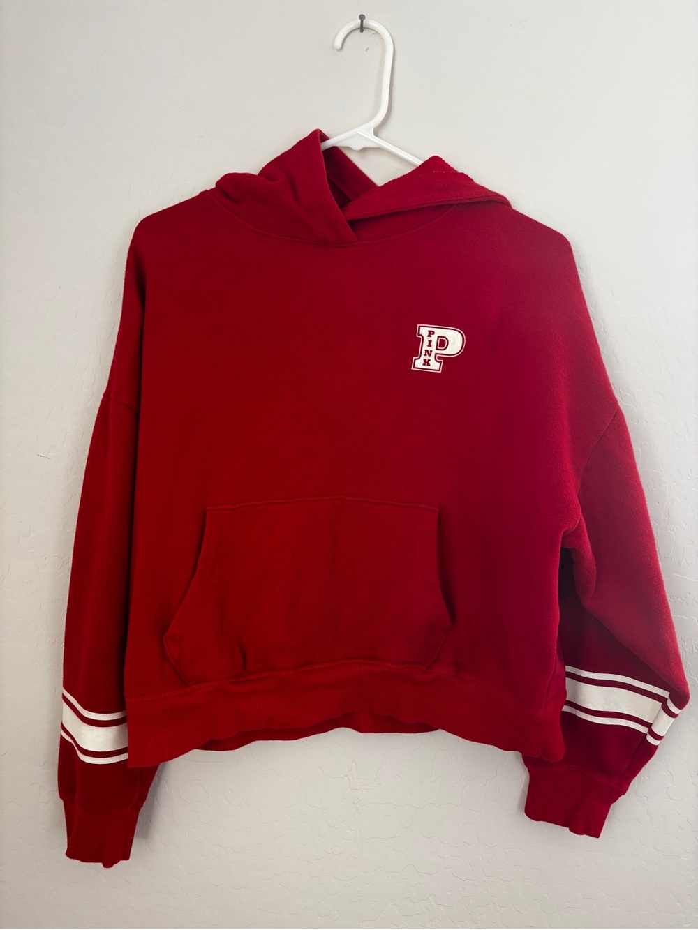 PINK Victoria's Secret Red Hooded Sweatshirt with Stripe Sleeve Detail